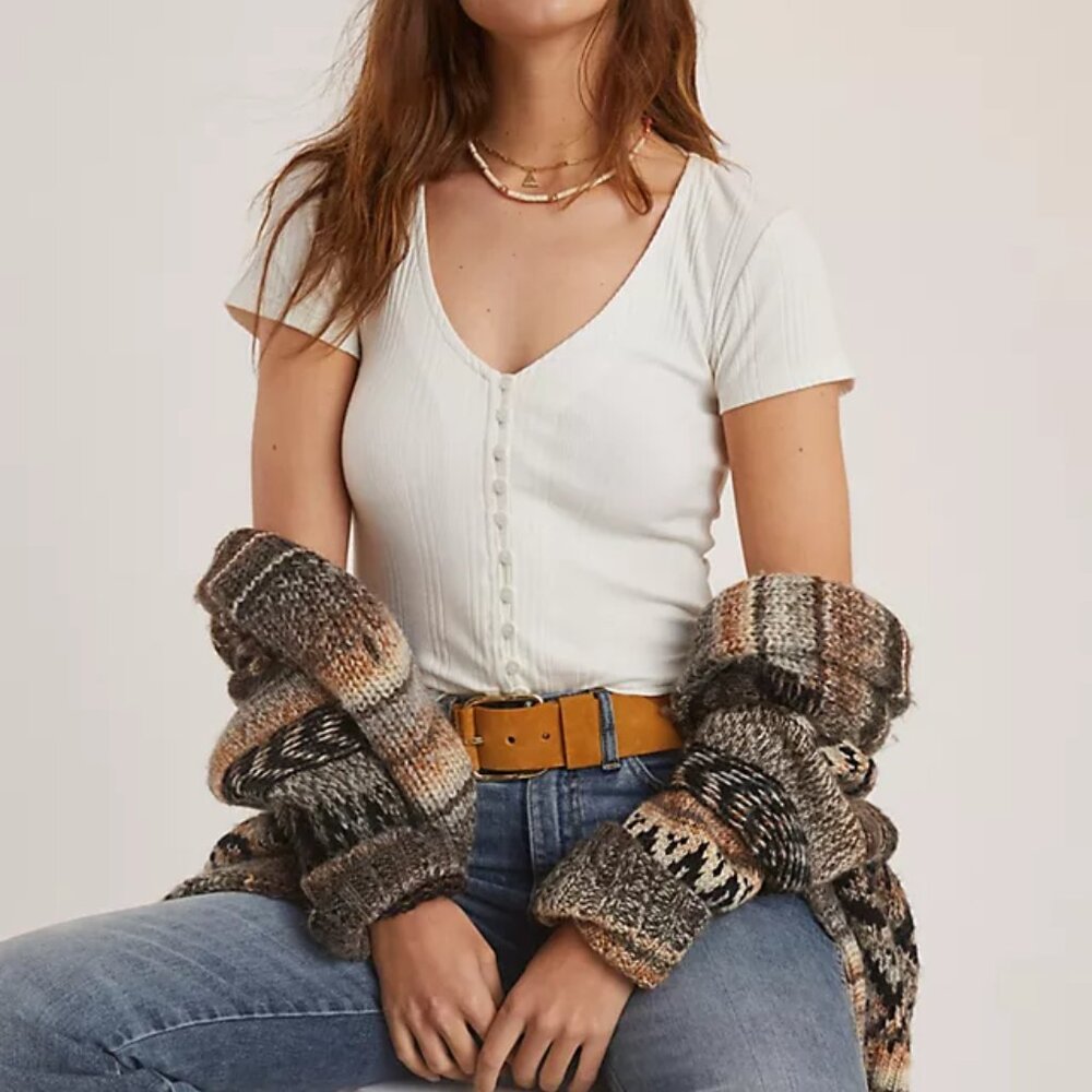 ANTHROPOLOGIE white mika ribbed basic crop button-up tee women’s medium